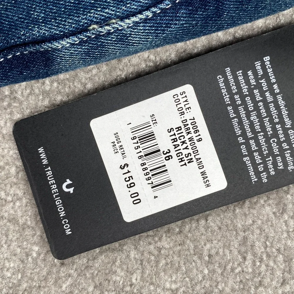 True Religion Ricky Relaxed Straight Jeans Mens 36 Blue Dark Woodland Wash NWT